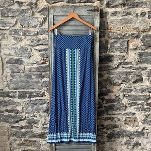 Blue Patterned Maxi Skirt with Green Stripe